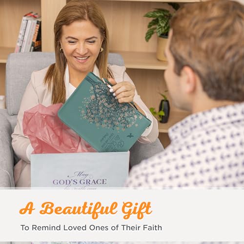 Christian Art Gifts Faux Leather Bible Cover for Women: Be Still and Know Teal Floral | Large, Handle, Sleeves, Storage Pockets, Pen Loops, Ribbon Bookmarks, Zipper, Bible Study Supplies - size: Large