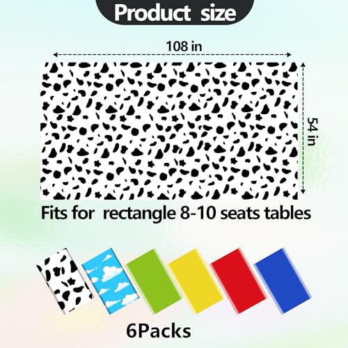 6 Pack Blue Sky and White Cloud Cow Printed Plastic Tablecloth | Cartoon Story Disposable Table Cloth Rectangle Waterproof Table Cover for Baby Shower Party Decorations, 54 x 108 Inch - color: Red Green Yellow