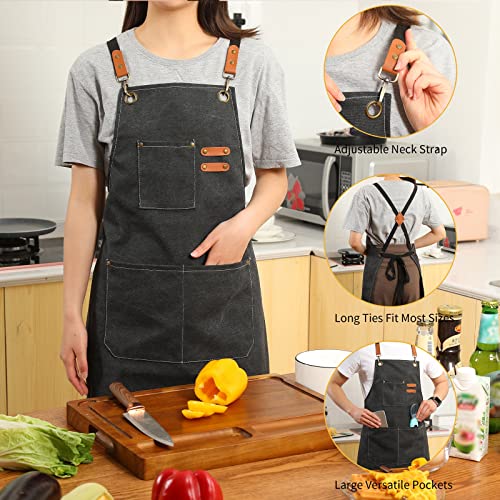 Tosewever Canvas Cross Back Chef Cotton Aprons for Men Women with Large Pockets - color: Black