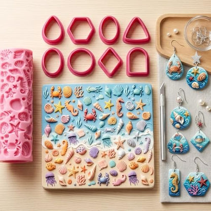 Summer Ocean Polymer Clay Texture Roller Underwater Oceanic Marine Life Jellyfish Coral Starfish Shell Texture Roller for Clay Geometric Polymer Clay Cutters Set Earring Jewelry Making Crafts Tools