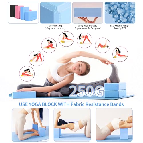 DICYWUDI Yoga Mat Thick, 6 Fabric Resistance Bands, 2 Pack Yoga Blocks, Home Workout Equipment Essentials Starter Kit for Beginners Full Body Toning - color: Blue