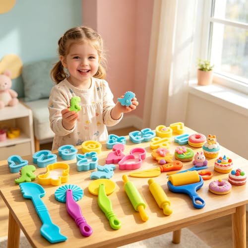 Dough Tools Sets for Kids Ages 3-8, 30 Pcs Playdough Tools Set Accessories Toys Includes Cutters Roller, Rolling Pins, Safety Scissors, Plastic Knife, Plastic Rollers - size: 30pcs