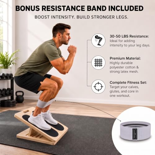 3-in-1 Adjustable Slant Board & 180°/360° Balance Board - Wooden Calf Stretcher and Squat Wedge - 5 Angle Incline Board for Stretching Equipment & Exercise - Includes Resistance Band - (400LBS)