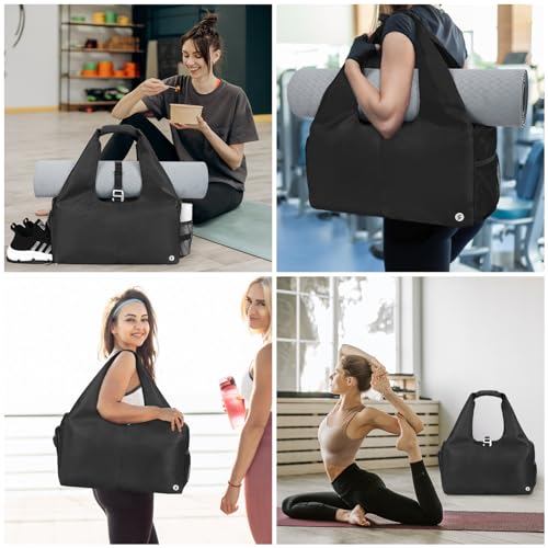 Sportsnew Tote Yoga Mat Gym Bag 20L Women W/Shoe Compartment Wet Dry Pocket | Water-Resistant Gym Tote - Mat Strap, Ventilated Shoe Bin, Wet Pocket, Padded Handle, Multi Pockets, Side Mesh & Key Clip - color: Black