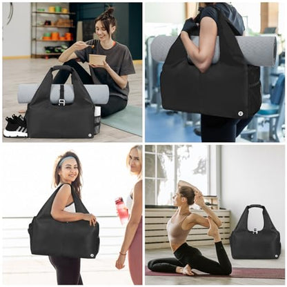Sportsnew Tote Yoga Mat Gym Bag 20L Women W/Shoe Compartment Wet Dry Pocket | Water-Resistant Gym Tote - Mat Strap, Ventilated Shoe Bin, Wet Pocket, Padded Handle, Multi Pockets, Side Mesh & Key Clip - color: Black