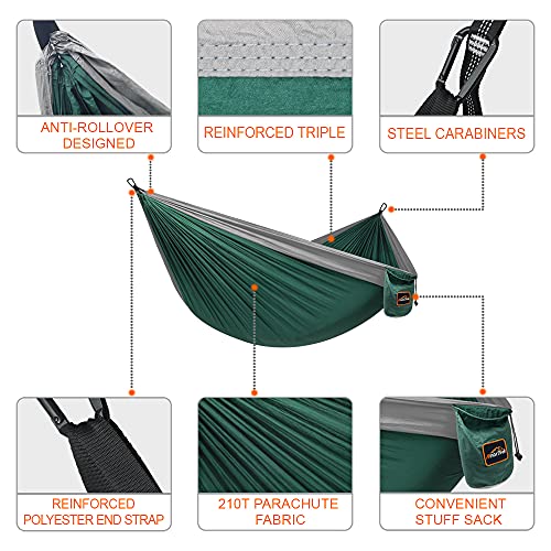 AnorTrek Camping Hammock, Super Lightweight Portable Parachute Hammock with Two Tree Straps Single or Double Nylon Travel Tree Hammocks for Camping Backpacking Hiking - color: Dark Green&light Grey, size: Double 118''L x 78''W