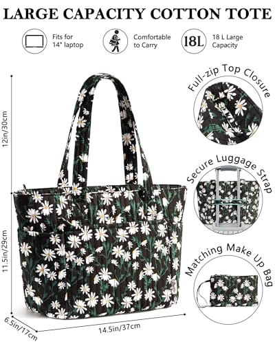 Bagstellar Quilted Tote Bag for Women Teacher Nurse Cotton Laptop Work Tote | Top Zip Closure Puffer Nursing School Travel Tote Bags with 40oz Cup Holder, Lightweight 14” Computer Shoulder Handbag Purses - color: Black Daisy