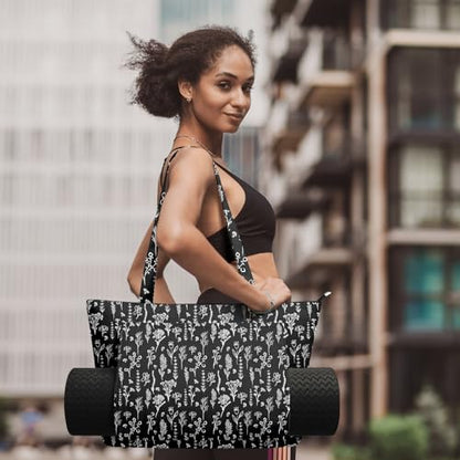 Yoga Bag for Women, Large Canvas Yoga Mat Tote Bag with Yoga Mat Carrier - color: Black Flowers-2