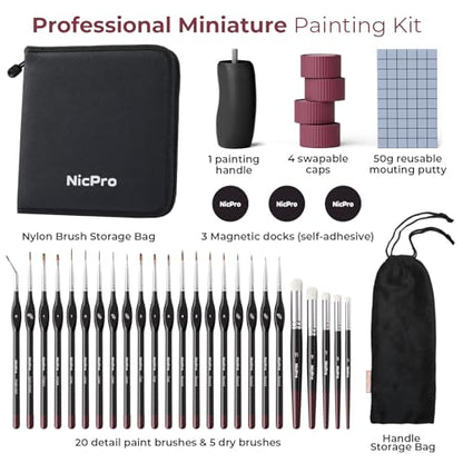 Nicpro Professional Miniature Painting Kit - 25PCS Miniature Paint Brushes Drybrush with Magnetic Painting Handle, Model Paint Brushes for Miniatures, Model, Craft, Acrylic Painting, with Nylon Bag - color: Black