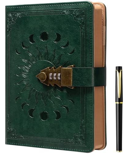 ZXHQ Lock Journal with Pen, A5 240 Pages Diary with Lock, Brown Edge, Refillable, Leather Hardcover (8.5 × 5.9inch) Dark Green - color: Blackish Green