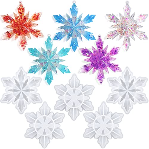 Sakolla 5 Pieces Christmas Silicone Resin Molds 3D Snowflake Molds Silicone Epoxy Casting Resin Mould for DIY Christmas Ornament Jewelry Pendant Decoration, Keychain - color: Snowflake/White