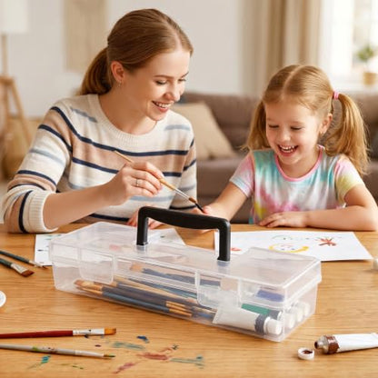 4 Pack Paint Brush Case - Portable Clear Plastic Brush Storage Box with Black Handle, 13 x 3.5 x 2.25 Inches Heavy Duty Organizer for Artists