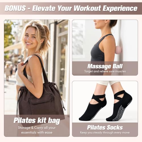 GINMIC Pilates Kit, Pilates Equipment for Home Workouts, at Home Pilates Set with Complete Accessories: Pilates Ring, Pilates Ball, Long and Loop Resistance Bands, Socks, Massage Ball, Guide & Bag - color: Oat & Brown