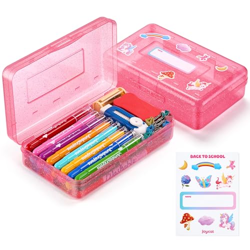 GAMENOTE Plastic Pencil Box with Snap Lid, School Supply Case, Glitter Pink | Kid Large Hard Pencil Case with Personalized Sticker, Snap-tight Lid, Small Art Craft Storage Containers for Boys, Girls - color: Glitter Pink