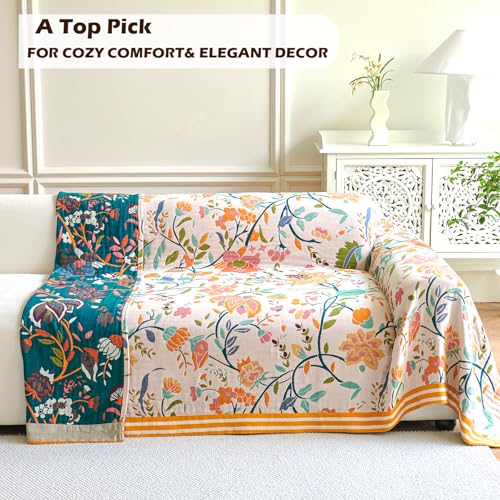 VANJOROY Boho Throw Blanket for Bed, 100% Organic Cotton Breathable Ultra Soft 50" x 60" Quilt Beige Throw - All Season Floral Farmhouse Decor Luxury Reversible Blanket for Sofa Couch Chair and Gift - color: Flower-colorful, size: Throw (50" X 60")
