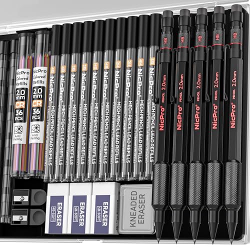 Nicpro 2mm Metal Mechanical Pencils Set with Case, 5 Pack Black | 65 Lead Refills (6B 4B 2B HB 2H 4H Color), Eraser, Weatherproof Metal Barrel, Heavy Duty Carpenter Pencil For Writing Drawing - size: 5 Pack