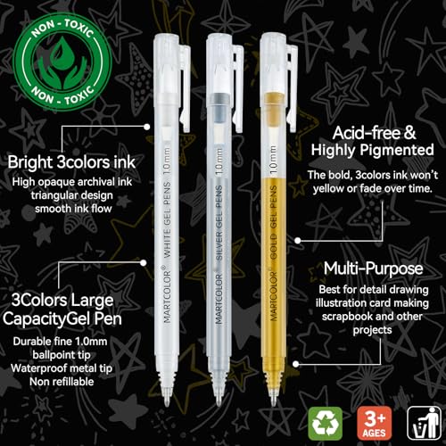 MARTCOLOR Gold Silver White Gel Pens, 3 Pack 1.0mm Fine Point Gel ink Pens | Opaque Archival Ink Pen for Black Paper Drawing, Art Highlight, Illustration, Bullet Journaling, Card Making & DIY Projects - style: Gold Silver White - 1.0mm