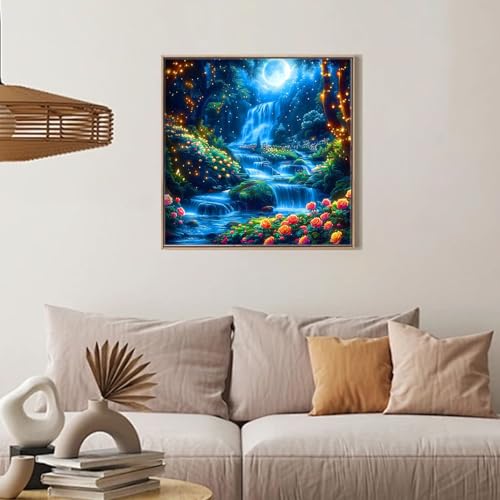 Camocin Diamond Art Kits for Adults, Waterfall Diamond Painting | Gem Art, Diamond Dot, 5D Full Round Drill, Moon Waterfall Wall Decor, DIY Craft Gift, 14 x 14 Inch - color: LBDP1P26