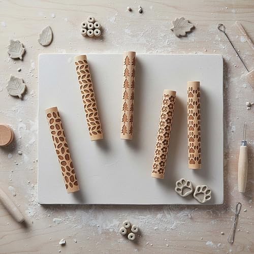 5 PCS Wooden Clay Texture Rollers Set, 100mm Pottery Pattern Rolling Pins with 10 Unique Designs, Ceramic and Polymer Clay Stamp Roller Tools for Studio Craft, Sculpting & Handmade Art Projects (B) - color: B
