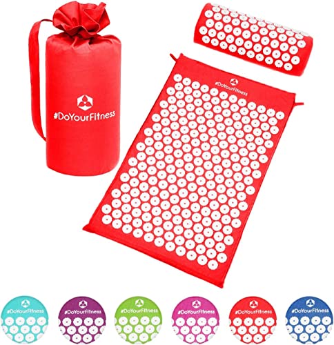 #DoYourFitness Acupressure Mat and Pillow Set - Relieves Stress, Back, Neck, and Sciatic Pain - Comes with a Vinyl Carry Bag for Storage and Travel - Red