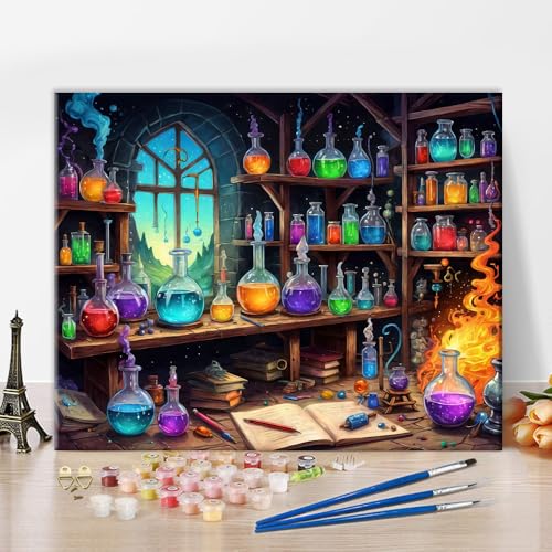TUMOVO Magic Lab Paint by Numbers Kit for Adults Beginners, Fantasy Magic Potion DIY Acrylic Paint by Numbers Kits on Canvas, Magical Book Oil Painting for Gift Home Wall Decor 16"x20"(Frameless) - color: Magic Lab