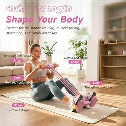 Pedal Resistance Band with Handles, Adjustable 6-Tube Detachable Workout Band, Thai Natural Rubber Tension Rope for Abs Arms Waist Legs, Home Fitness Equipment - color: pink