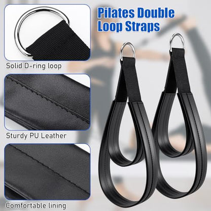 TOBWOLF 2PCS Pilates Straps for Reformer, Double Loop D Ring Foot Hand - color: Glossy Black - PU Leather