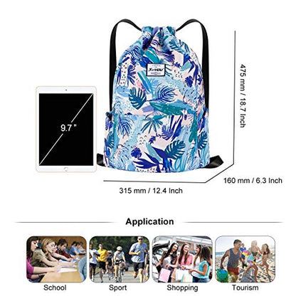 XEYOU Drawstring Backpack Bag Sport Gym Sackpack Beach Cinch Bag | Lightweight Swimming Bag, Water-Resistant Fabric, Travel Daypack for Women and Men - color: Blue Leaves