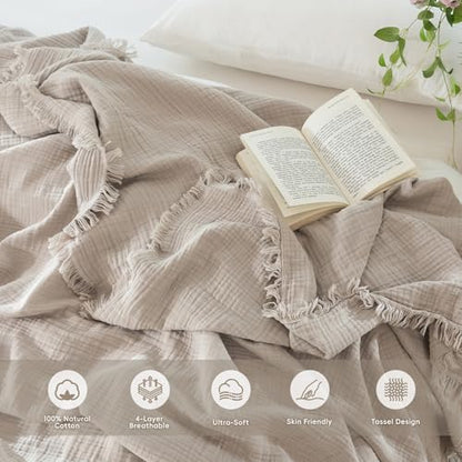 MooMee 100% Cotton Muslin Blanket, Fringed 4-Layer Gauze Bed Throw Blankets - color: Cream Grey, size: Super King