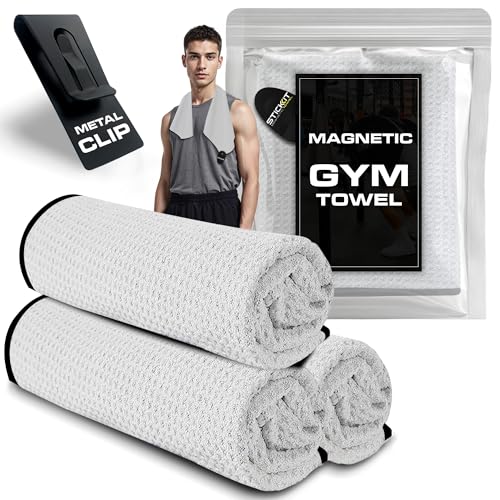 STICKIT Microfiber Gym Towel for Men & Women - 29” x 29” | Workout Towel with Magnet & Clip - Sweat Absorbing - Quick Dry - Odor-Resistant - Attach to Benches, Equipments & Bags - color: White