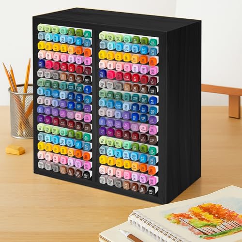 PROLEE Marker Organizer for 224 Markers, Wooden Alcohol Marker Holder with 32 Compartments, Horizontal Art Pen and Pencil Storage Rack for Desk, Classroom and Studio, Black - color: Black, size: 224 Markers,15“x11”x5.2“