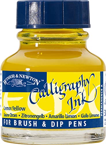 Winsor & Newton Calligraphy Ink, 30ml (1-oz) Bottle, Lemon Yellow | Lightfast Colors, Satin Finish, Thin Inks Suitable for fip-pens, brushes and airbrushes; Opaque Colors for dip-pen or brush - color: Lemon Yellow, size: 1 fl oz