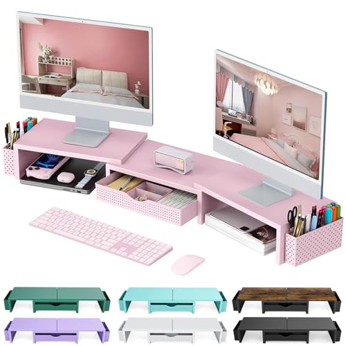 gianotter Dual Monitor Stand Riser With Drawer and 2 Pen Holders - color: Pink