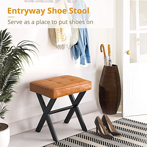 LUE BONA Vanity Stool, Faux Leather X-Leg Foot Stool, Small Ottoman Makeup Stool Chair for Vanity, Modern Padded Foot Rest Vanity Seat for Makeup Room, Bathroom, Whiskey Brown - color: Whiskey Brown