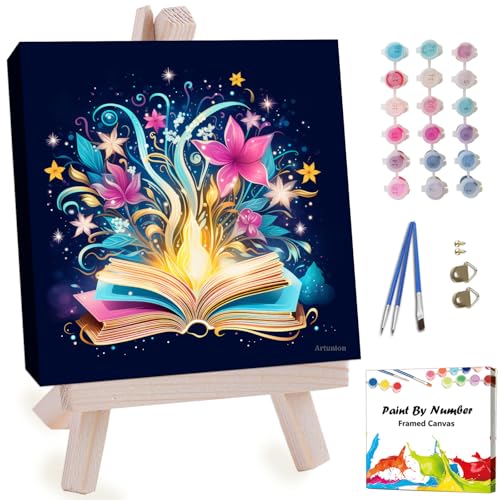Artunion Framed Paint by Numbers Kit for Adults Beginners & Kids Ages 8-12,Mystical Book Flower Paint by Number with Frame,Flower Paint by Numbers Kit on Canvas 10 * 10 Inch Without Easel - color: ZXT-333-F