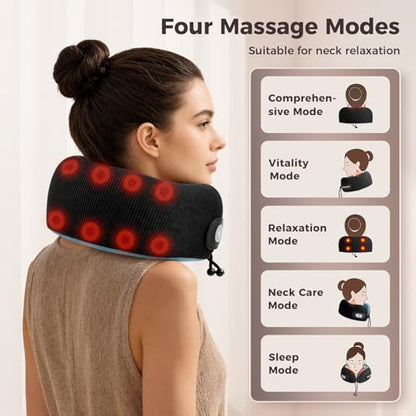 Travel Neck Pillow with Massage & Heat, U-Shaped Neck Massager with 8-Point Vibration, Eye Mask and Earplugs Set – Ergonomic Memory Foam, Ideal for Travel, Office, Home