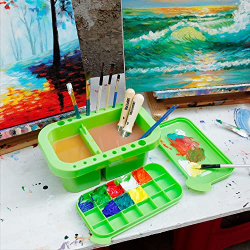 MyLifeUNIT Paint Brush Cleaner, Paint Brush Holder and Organizers with Palette for Acrylic, Watercolor, and Water-Based Paints (Lawn Green) | 18 mixing wells, 16 slots fitting 0.24-0.63 in diameters, 3 washing compartments, removable tray lid - color: Law