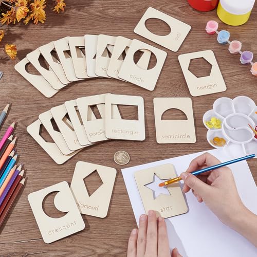 BENECREAT 21 Shapes Wood Geometry Stencils, 3.5x2.7 Inch Reusable Drawing Stencil Template Tool Set for Chalk Paintings and Acrylic Paintings, Wood Stencils for DIY Crafts, Shape Recognition Card