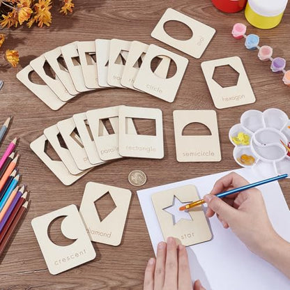 BENECREAT 21 Shapes Wood Geometry Stencils, 3.5x2.7 Inch Reusable Drawing Stencil Template Tool Set for Chalk Paintings and Acrylic Paintings, Wood Stencils for DIY Crafts, Shape Recognition Card