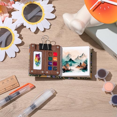 Qilery Mini Portable Watercolor Palette Set Wooden Grid Paint Box Watercolor Paper Sketch Book Brush Pens with Binder Clip for Painters Artist Not Include Paint(Bird) - style: Bird