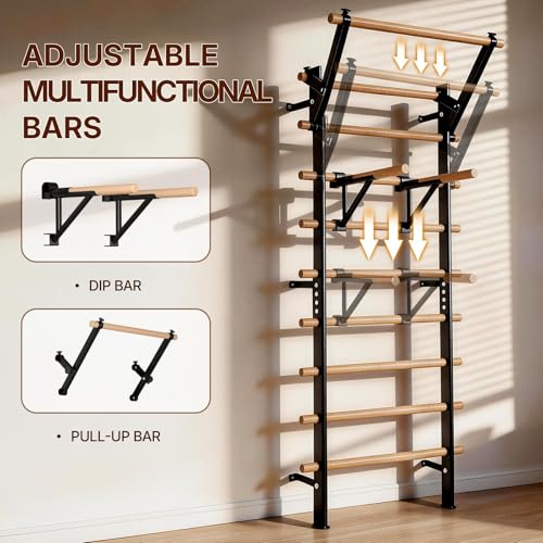 GMWD Swedish Ladder, Stall Bar, Suspension Trainer with Pull-Up Bar and Dip Bar Attachments, Wooden Stall Bar with 9 Strategic Rods for Core Strengthening and Stretching Balanced for Body Exercises