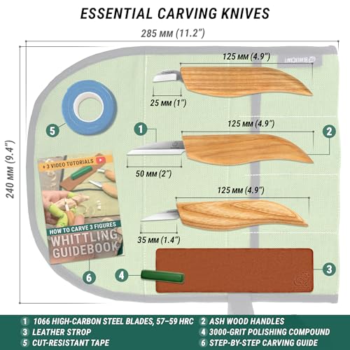 BeaverCraft Wood Carving Knife Kit S15 Whittling Kit for Beginners, Kids - Wood Carving Tools Set with Detail Chip Knife Sloyd Whittling Knives & Leather Strop, Polishing Compound and Tutorials
