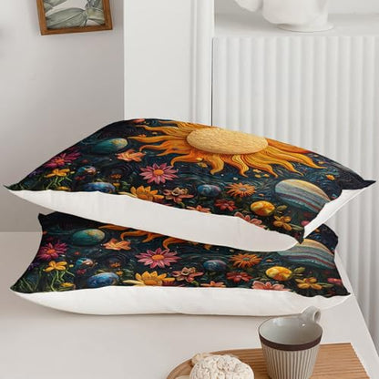 AILONEN Space Galaxy Soft Duvet Cover Set King Size,3-Piece Sun Planet Starry Flower Boho Comforter Cover Set, 1 Quilt Cover with 2 Pillowcases - color: S12, size: King
