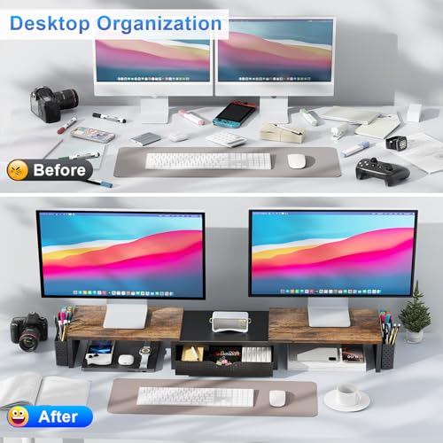 gianotter Dual Monitor Stand Riser With Drawer and 2 Pen Holders - color: Wood