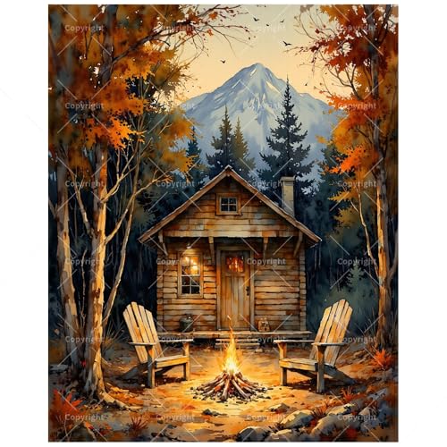 Cozy Cabin Paint by Numbers Kit for Adults - DIY Wooden Cottage with Campfire and Mountain View Painting on Canvas, Acrylic Paint Set for Beginners, Art for Home Decor or Gifts(12X16IN Framed) - color: HSX00743, size: 12X16IN Framed