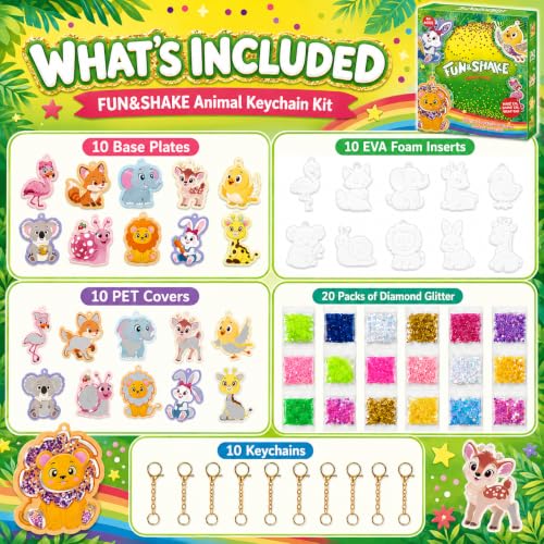 DIY Glitter Craft Kit with Keychains - Mess-Free Arts and Crafts for Kids Ages 4-8, Fun Shake-It Activity, Creative Travel Toys, Party Favors & Birthday Gifts for Girls 4-9 - color: Green