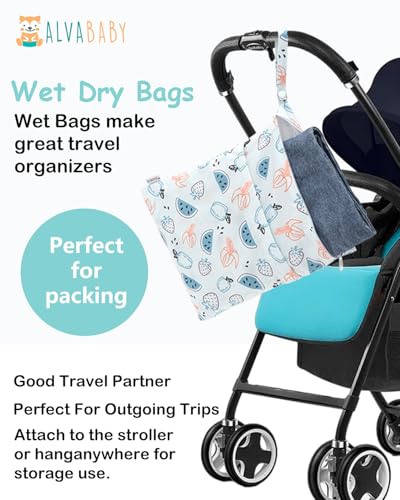 ALVA ALVABABY 2pcs Waterproof Wet Dry Bags,Reusable with Two Zippered Pockets,Baby Cloth Diaper,Travel,Beach,Pool,Daycare,Soiled Baby Items,Yoga Gym Bag,Swimsuits or Wet Clothes 2LW04 - color: Moon and fruits