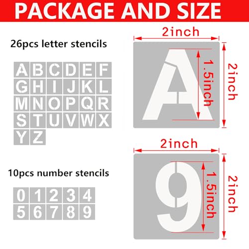 YEAJON 2 Inch Letter Stencils and Numbers, 36 Pcs Alphabet Art Craft Stencils, Reusable Plastic Templates for Wood, Wall, Fabric, Rock, Signage, DIY Art Projects - size: 2 Inch