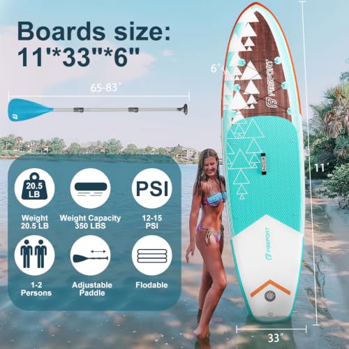 FBSPORT 11' Premium Stand Up Paddle Board, Yoga Board with SUP Accessories & Carry Bag | Wide Stance, Surf Control, Non-Slip Deck, Leash, Paddle and Pump for Youth & Adult - color: Brown Teal