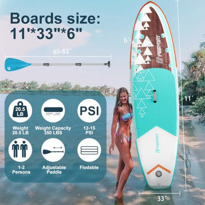 FBSPORT 11' Premium Stand Up Paddle Board, Yoga Board with SUP Accessories & Carry Bag | Wide Stance, Surf Control, Non-Slip Deck, Leash, Paddle and Pump for Youth & Adult - color: Brown Teal